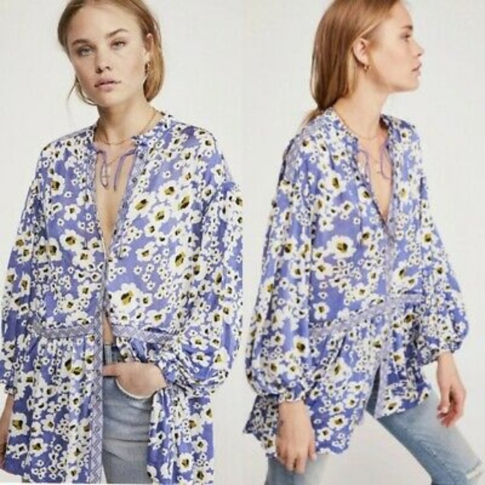 Free People Love Letter Tunic Dress Snap Front Long Sleeve Boho Tie Neck Size L